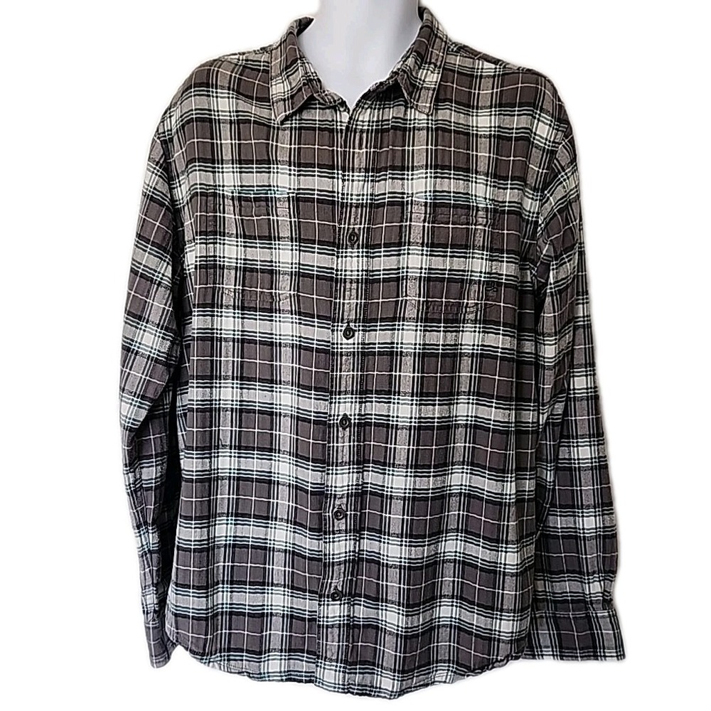prAna Flannel Gray/Green Plaid Button Down LS Shirt Men's XL Sustainable Cotton